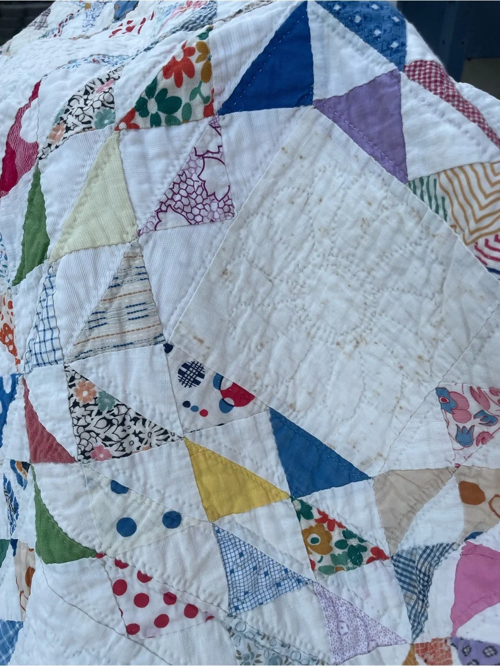 Vintage Feedsack Ocean Wave Quilt Hand Quilted 82x70 Cottage Farmhouse